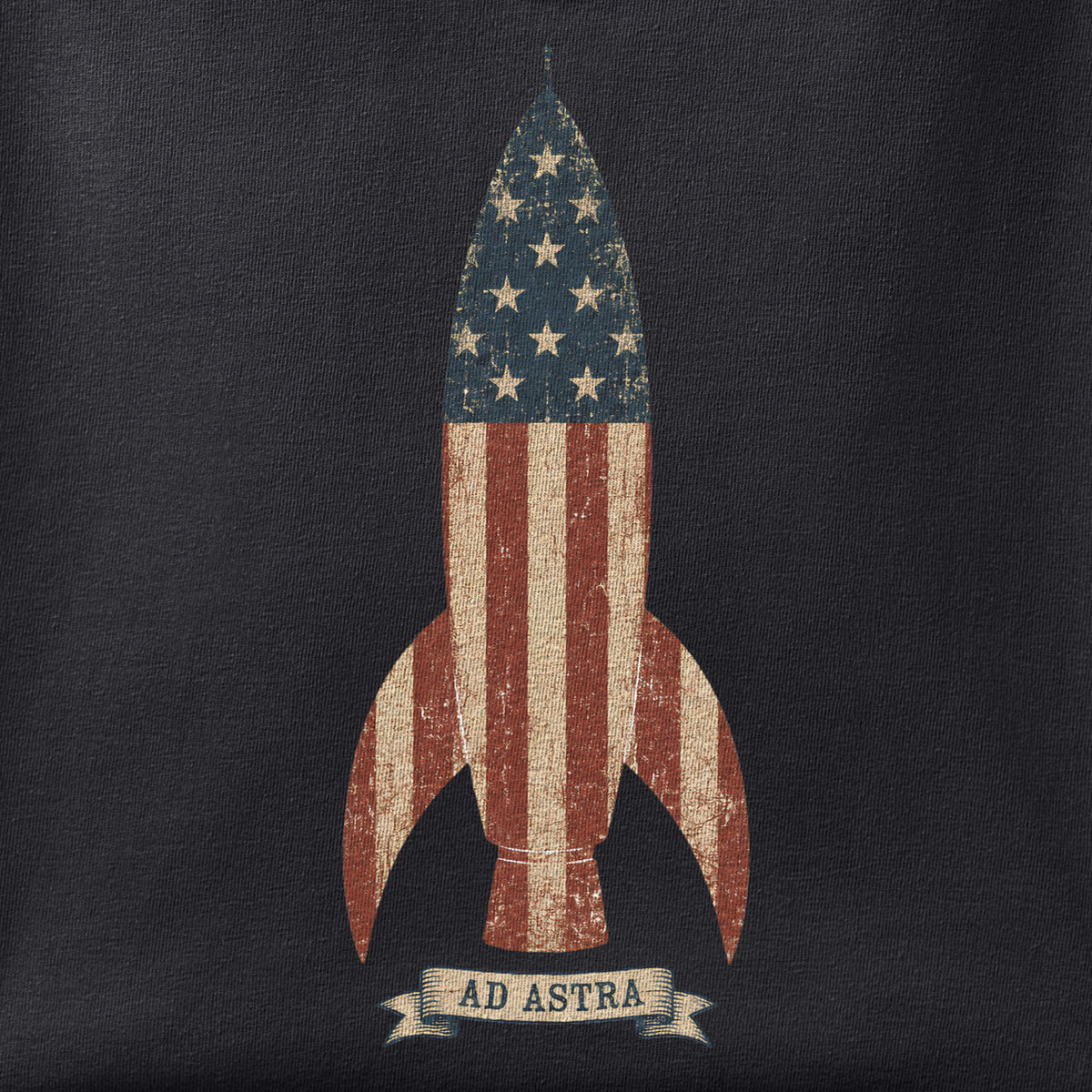 Close-up of the Ad Astra print showing ink detail on black cotton fabric