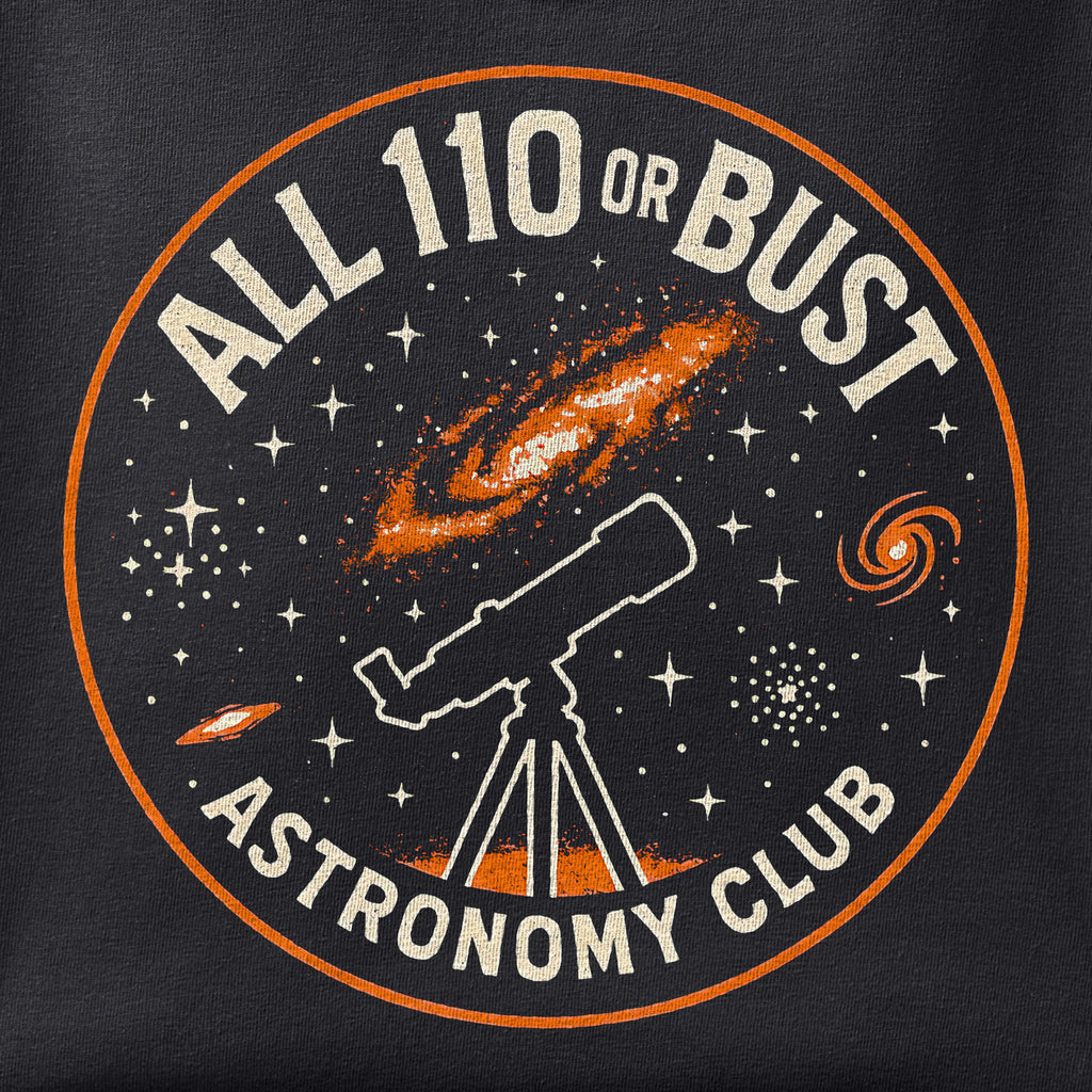 Close-up of the All 110 or Bust Astronomy Club print showing ink detail on black cotton fabric