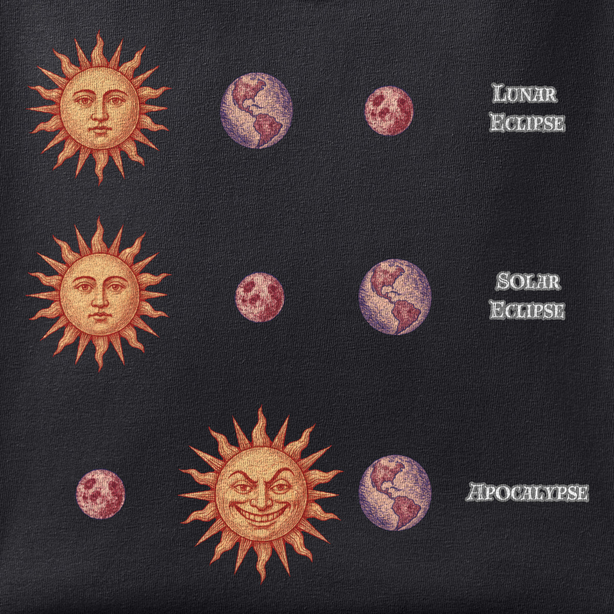 Close-up of the Apocalypse print showing ink detail on black cotton fabric