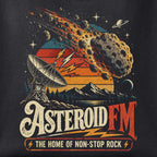 Close-up of the Asteroid FM print showing ink detail on black cotton fabric