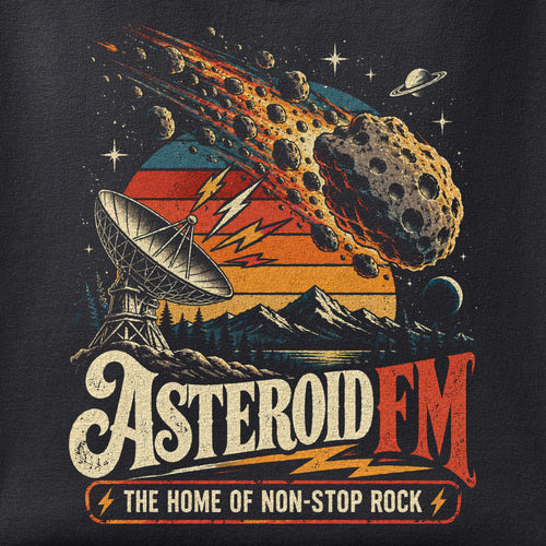 Close-up of the Asteroid FM print showing ink detail on black cotton fabric