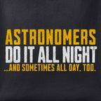 Close-up of the Astronomers Do It All Night print showing ink detail on black cotton fabric