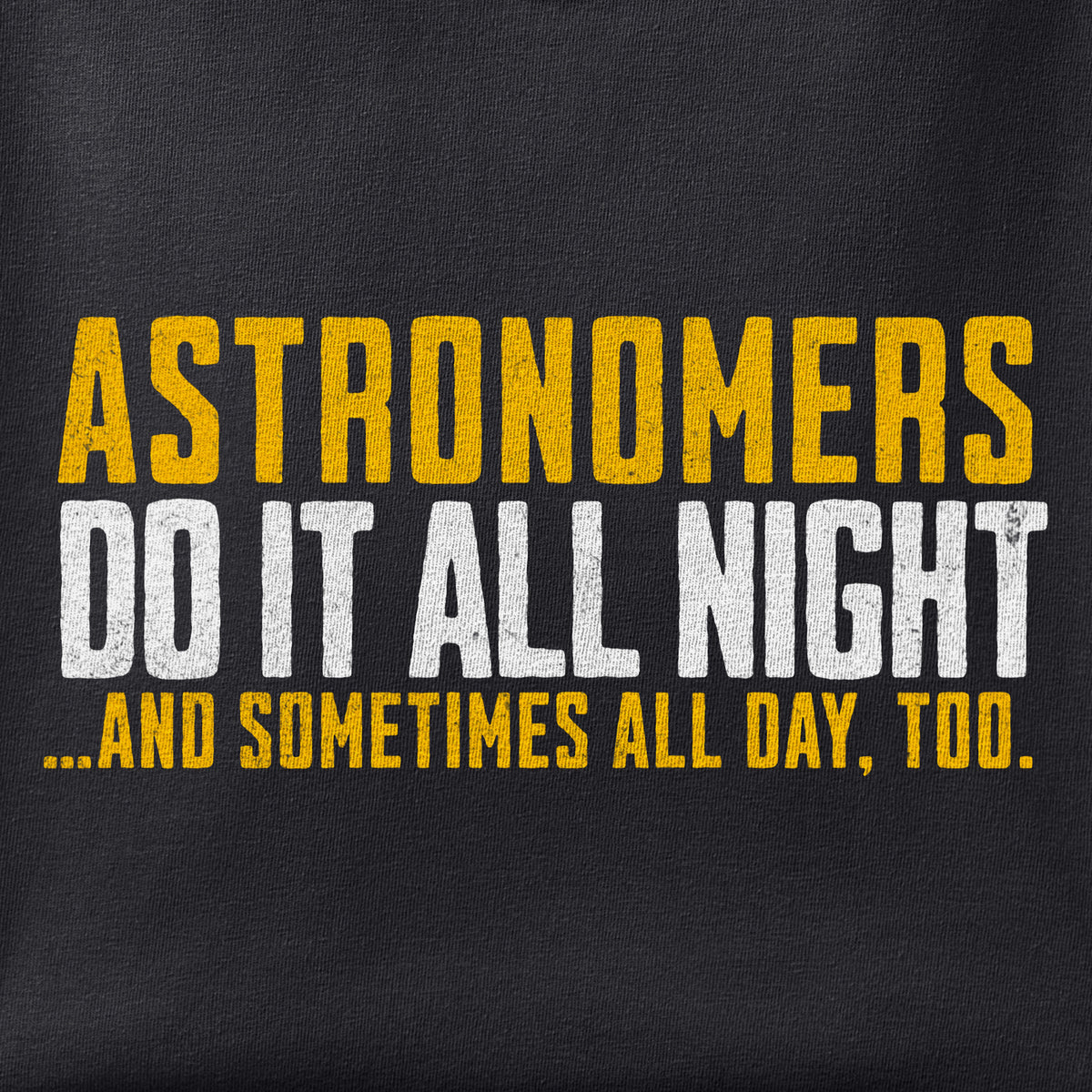 Close-up of the Astronomers Do It All Night print showing ink detail on black cotton fabric