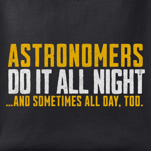 Close-up of the Astronomers Do It All Night print showing ink detail on black cotton fabric