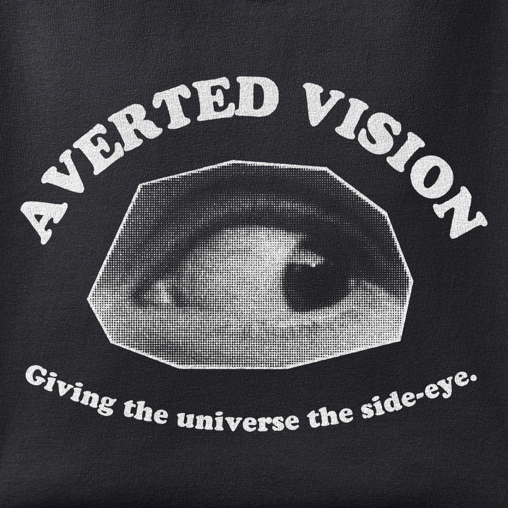 Close-up of the Averted Vision print showing ink detail on black cotton fabric
