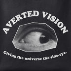 Close-up of the Averted Vision print showing ink detail on black cotton fabric