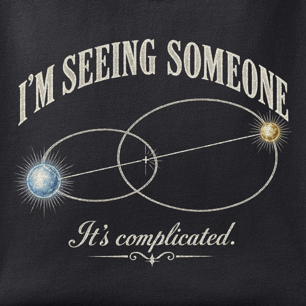 Close-up of the Binary Star Issues print showing ink detail on black cotton fabric