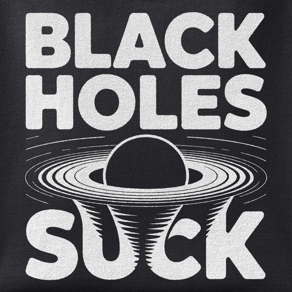 Close-up of the Black Holes Suck II print showing ink detail on black cotton fabric