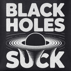 Close-up of the Black Holes Suck II print showing ink detail on black cotton fabric
