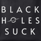 Close-up of the Black Holes Suck print showing ink detail on black cotton fabric