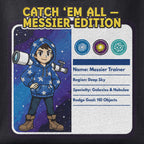 Close-up of the Catch 'Em All print showing ink detail on black cotton fabric