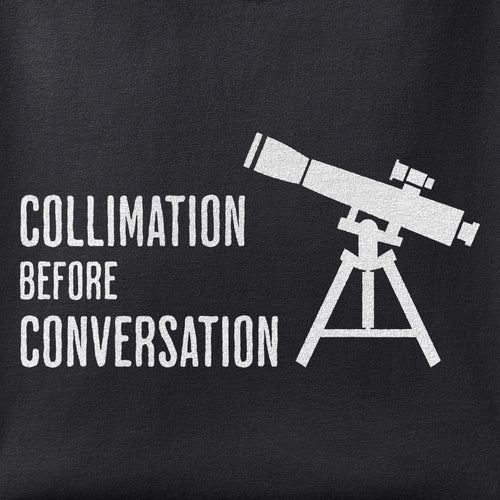 Close-up of the Collimation Before Conversation print showing ink detail on black cotton fabric