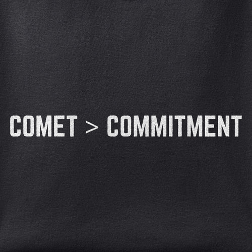Close-up of the Comet vs Commitment print showing ink detail on black cotton fabric