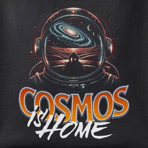 Close-up of the Cosmos is Home print showing ink detail on black cotton fabric