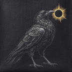 Close-up of the Crow and the Eclipse print showing ink detail on black cotton fabric