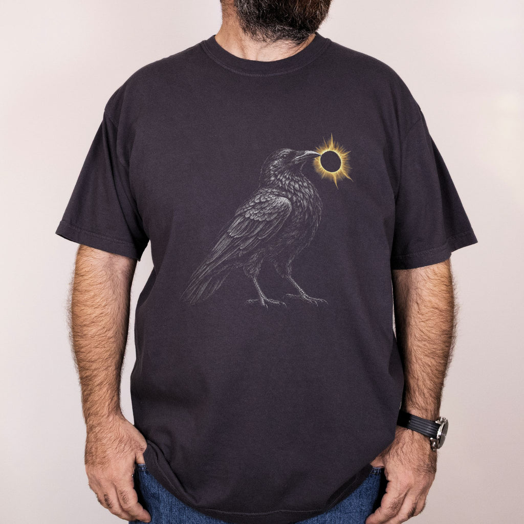 Worn: Crow and the Eclipse printed on a Comfort Colors 1717 tee