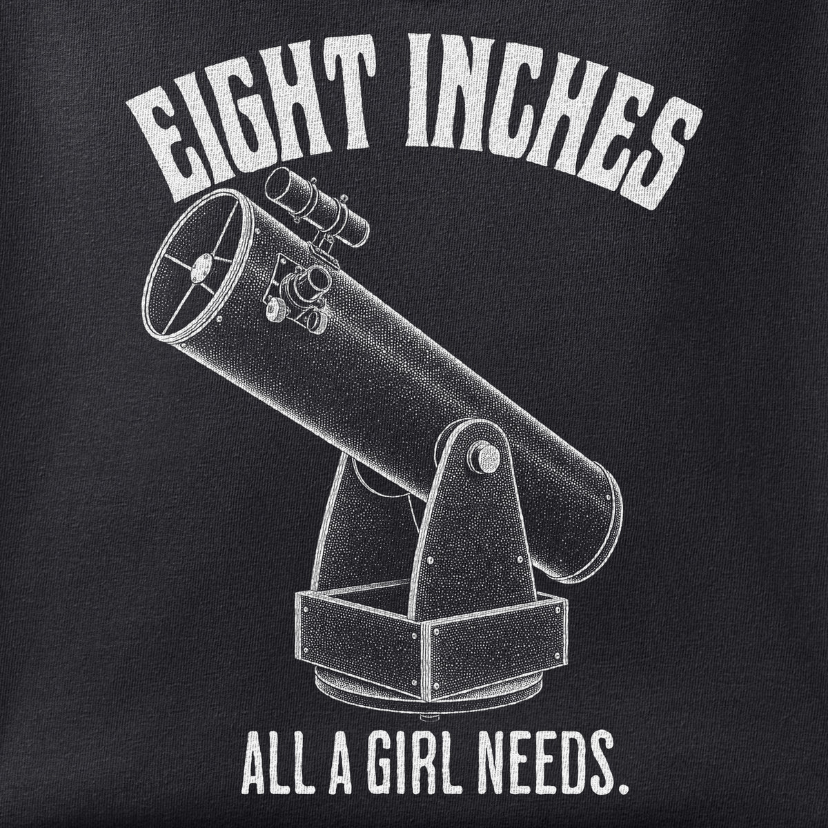 Close-up of the Eight Inches, All a Girl Needs print showing ink detail on black cotton fabric