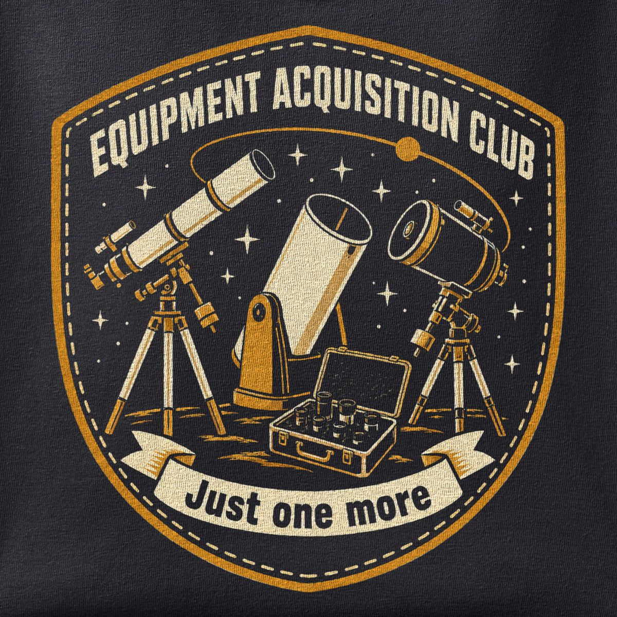 Close-up of the Equipment Acquisition Club print showing ink detail on black cotton fabric