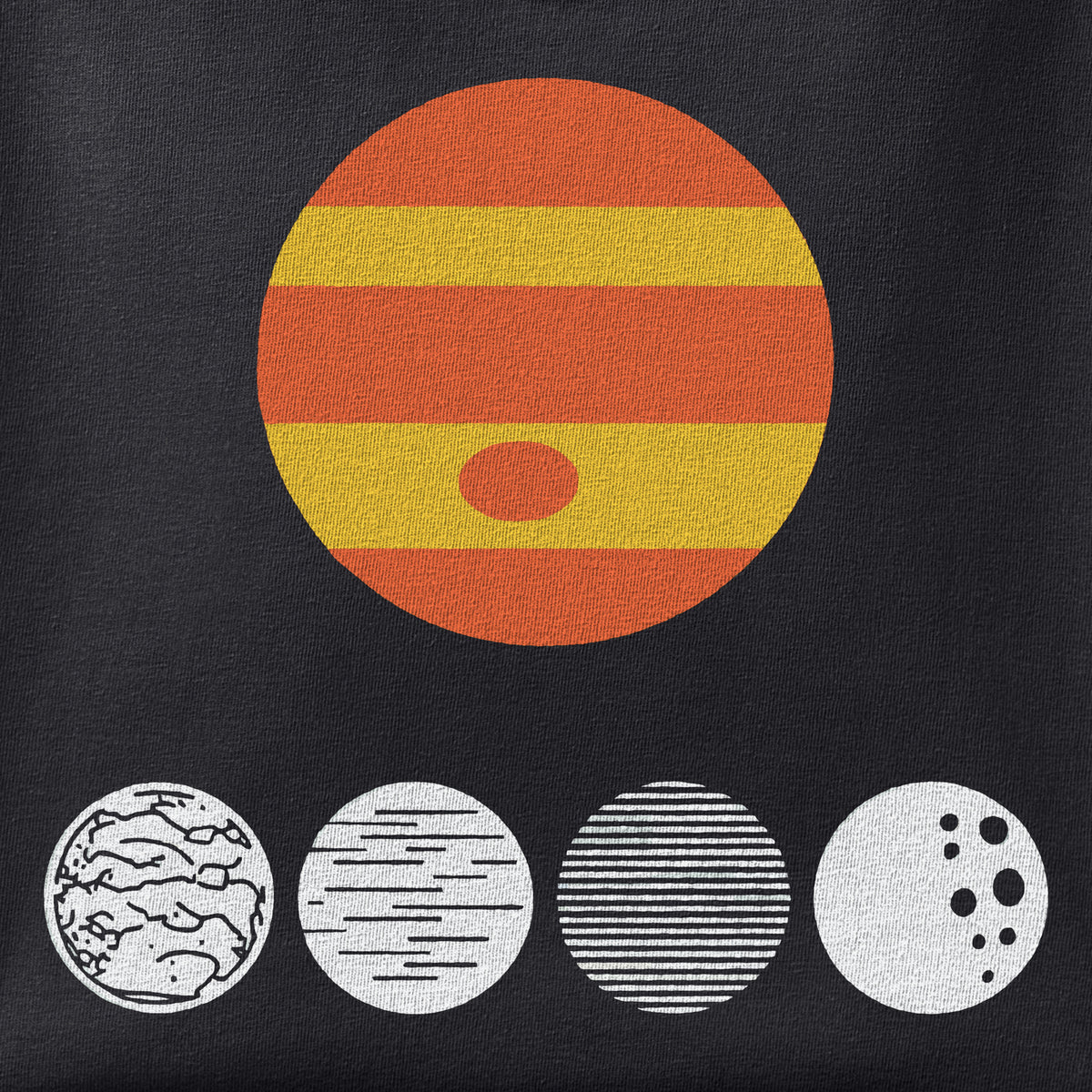 Close-up of the Galilean Moons print showing ink detail on black cotton fabric