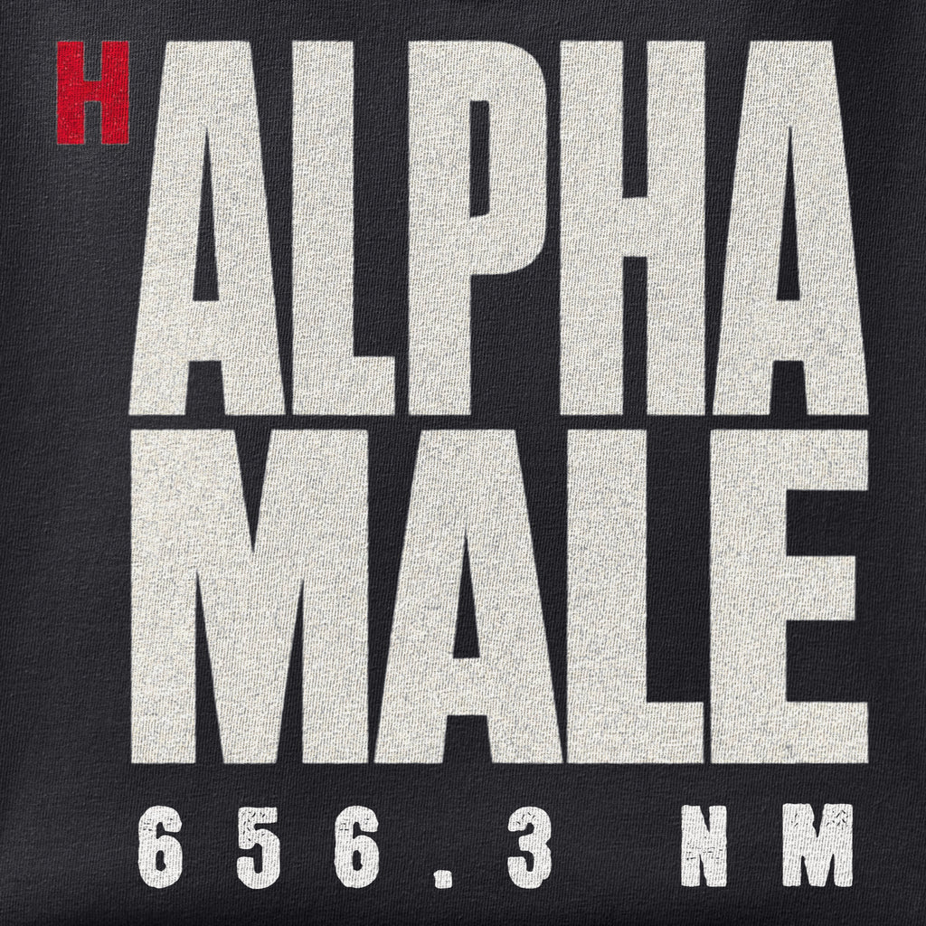 Close-up of the H-Alpha Male print showing ink detail on black cotton fabric