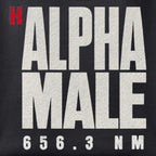 Close-up of the H-Alpha Male print showing ink detail on black cotton fabric