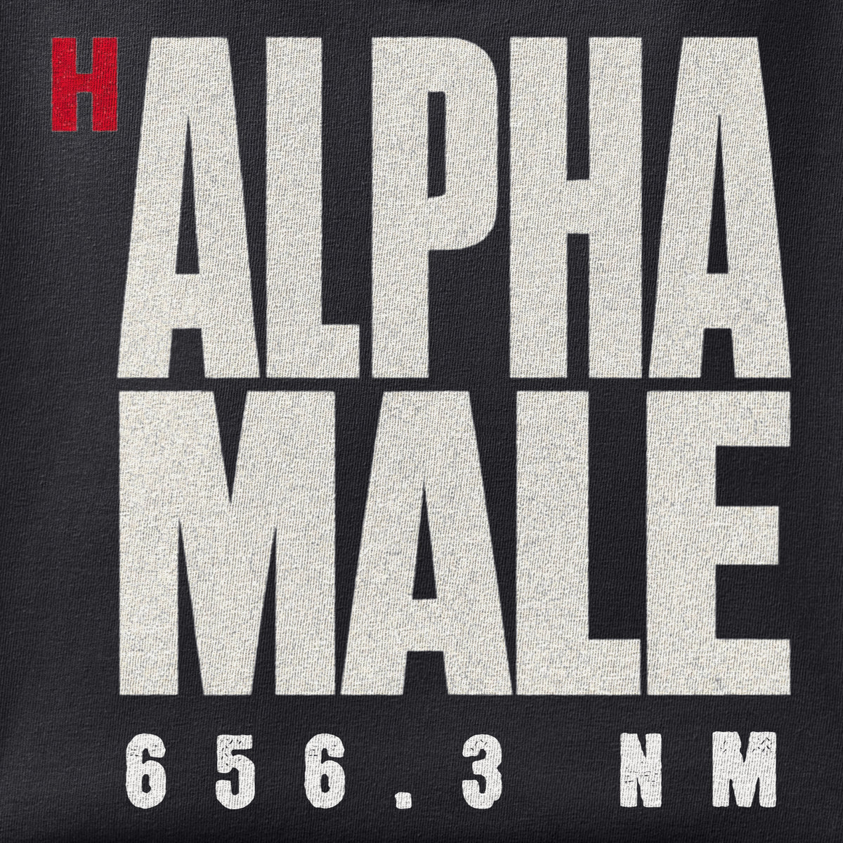 Close-up of the H-Alpha Male print showing ink detail on black cotton fabric