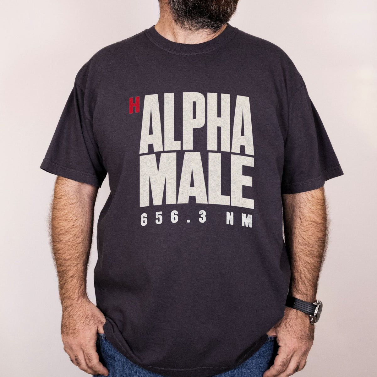 Worn: H-Alpha Male printed on a Comfort Colors 1717 tee