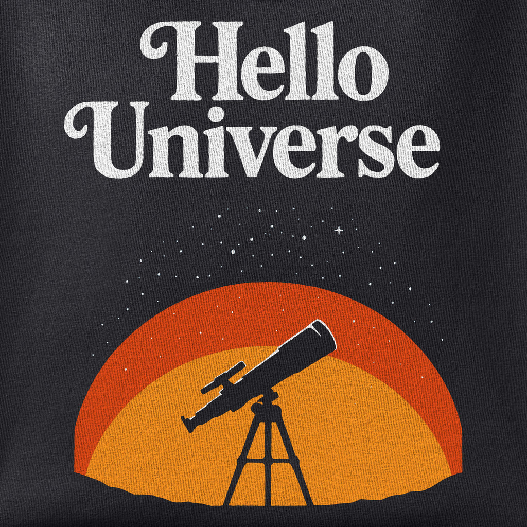 Close-up of the Hello Universe print showing ink detail on black cotton fabric
