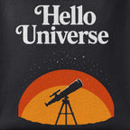 Close-up of the Hello Universe print showing ink detail on black cotton fabric