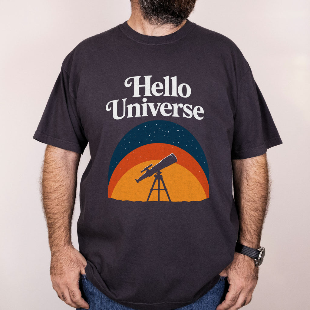 Worn: Hello Universe printed on a Comfort Colors 1717 tee