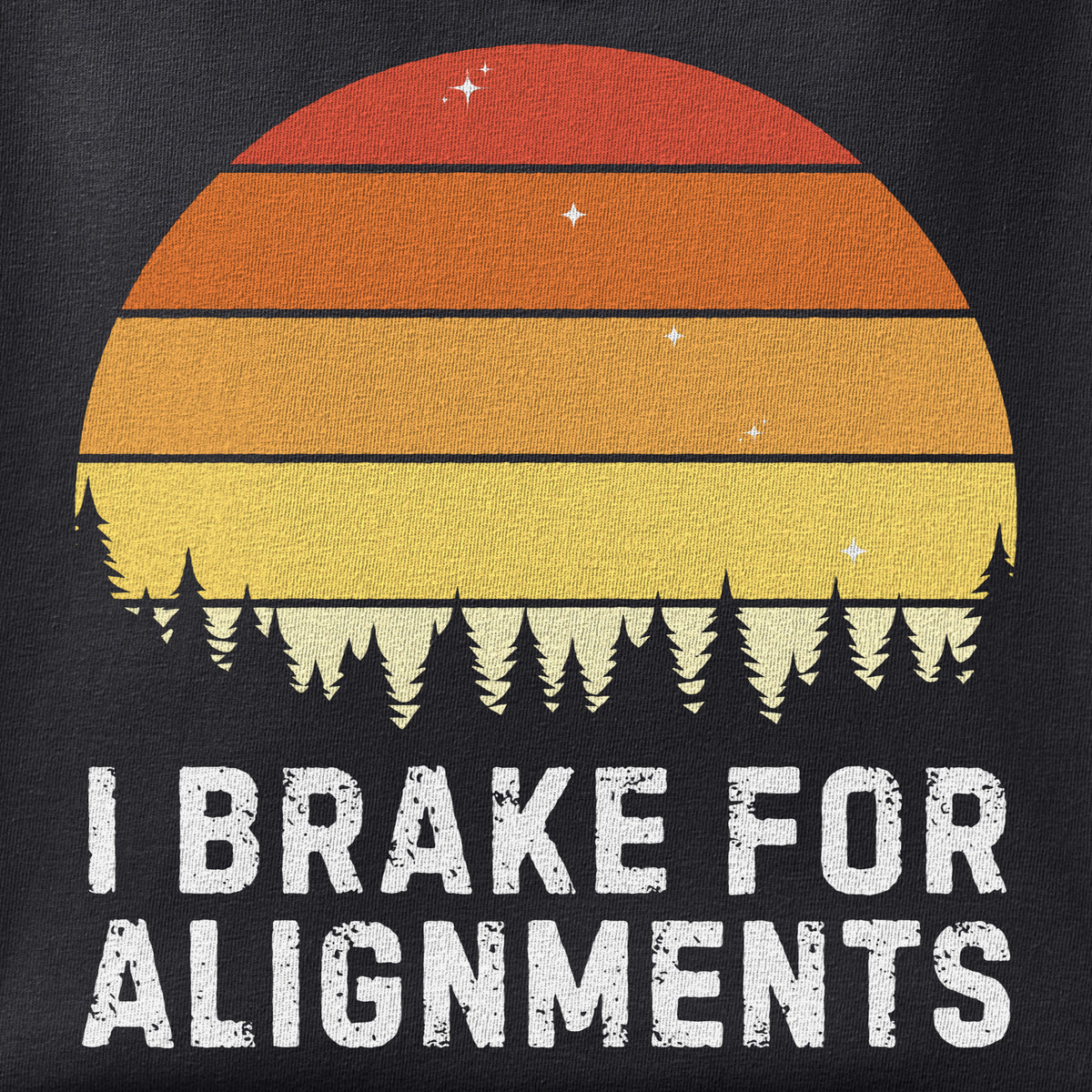 Close-up of the I Brake for Alignments print showing ink detail on black cotton fabric