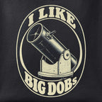 Close-up of the I Like Big DOBS print showing ink detail on black cotton fabric