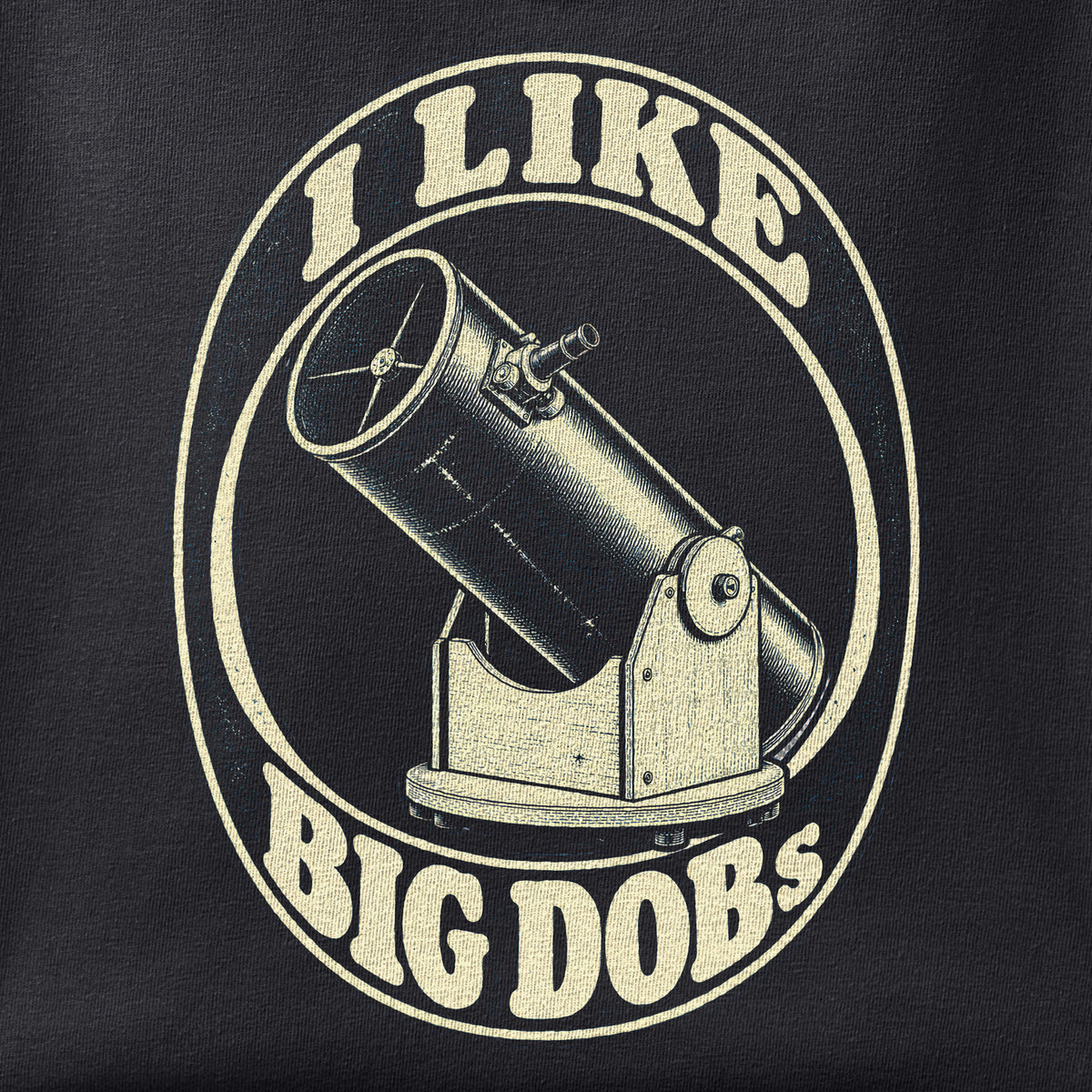 Close-up of the I Like Big DOBS print showing ink detail on black cotton fabric