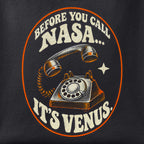 Close-up of the It's Venus print showing ink detail on black cotton fabric