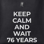 Close-up of the Keep Calm for Halley print showing ink detail on black cotton fabric