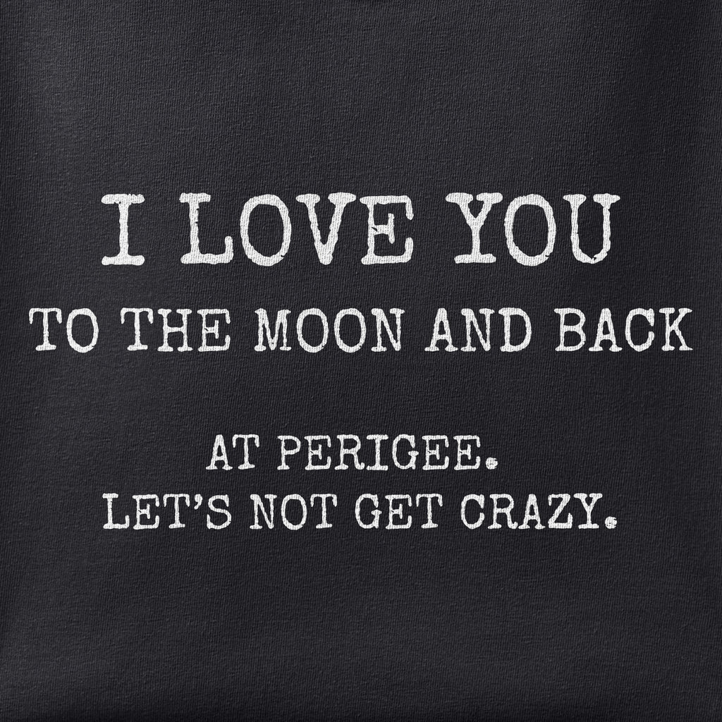 Close-up of the Love at Perigee print showing ink detail on black cotton fabric