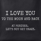Close-up of the Love at Perigee print showing ink detail on black cotton fabric