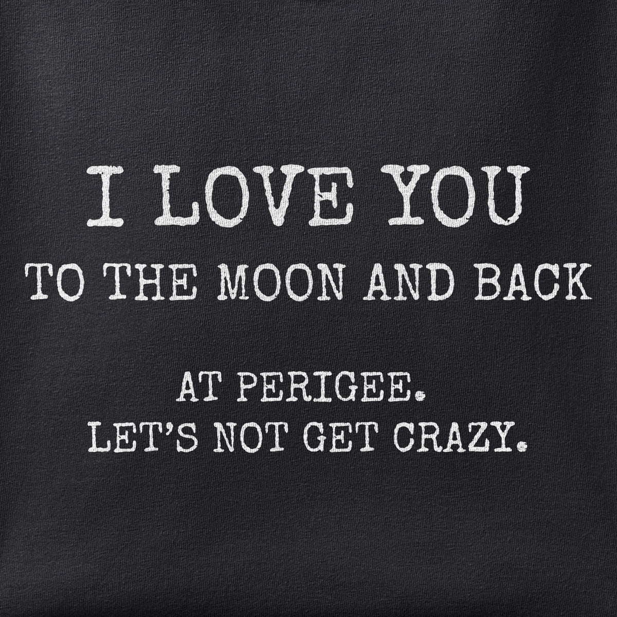 Close-up of the Love at Perigee print showing ink detail on black cotton fabric