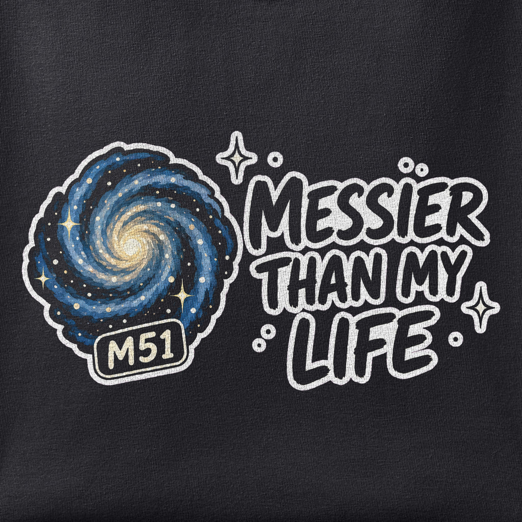 Close-up of the Messier Than My Life print showing ink detail on black cotton fabric