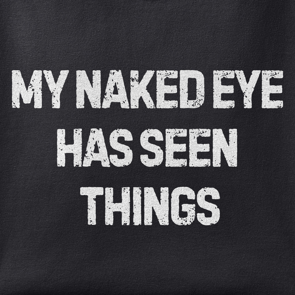 Close-up of the My Naked Eye Has Seen Things print showing ink detail on black cotton fabric