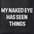 Close-up of the My Naked Eye Has Seen Things print showing ink detail on black cotton fabric
