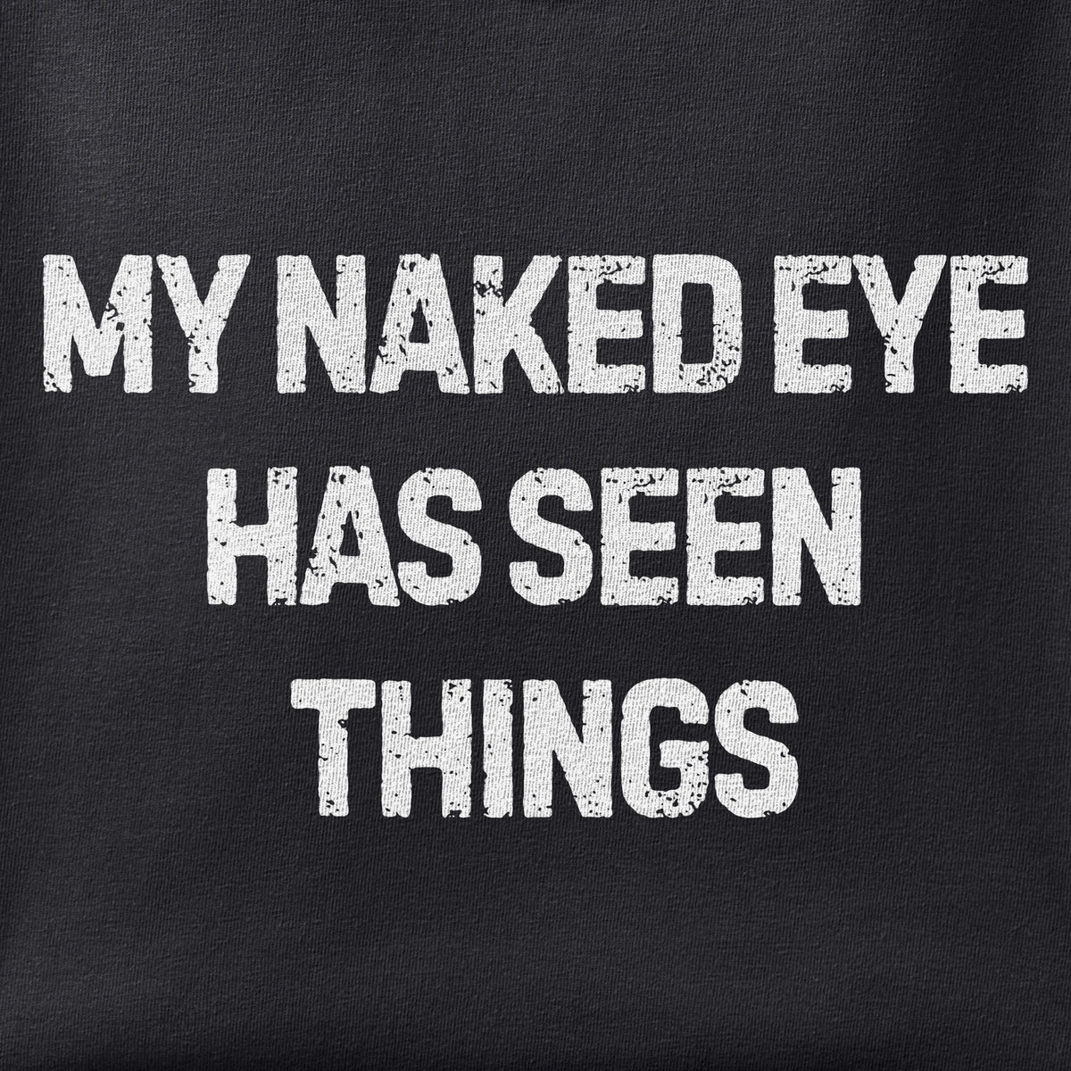 Close-up of the My Naked Eye Has Seen Things print showing ink detail on black cotton fabric