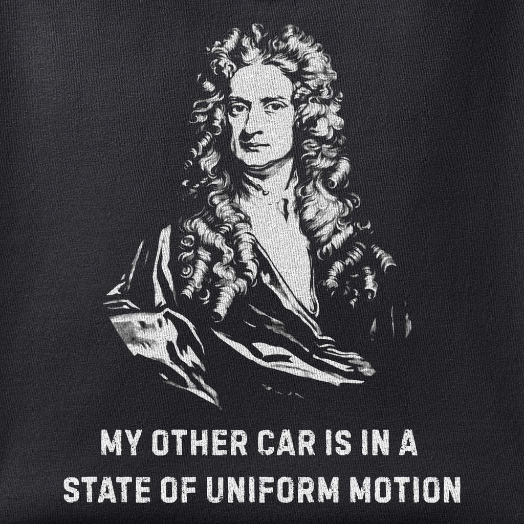 Close-up of the Newton's Other Car print showing ink detail on black cotton fabric