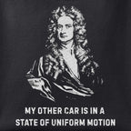 Close-up of the Newton's Other Car print showing ink detail on black cotton fabric