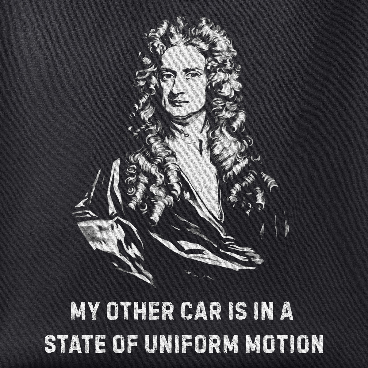 Close-up of the Newton's Other Car print showing ink detail on black cotton fabric
