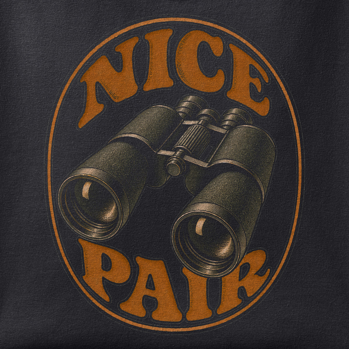 Close-up of the Nice Pair print showing ink detail on black cotton fabric