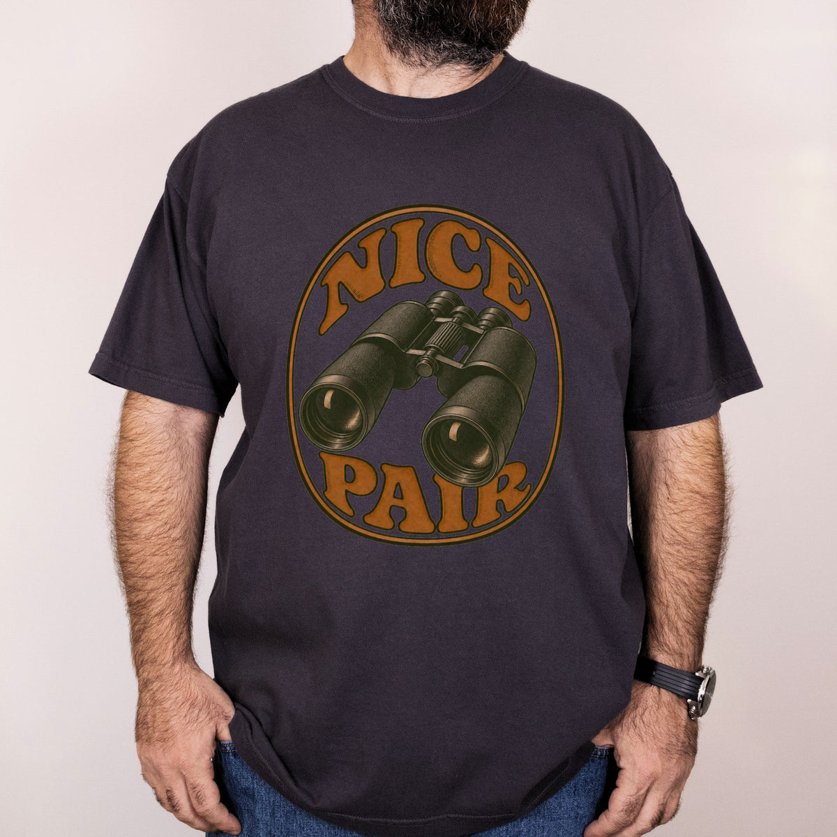 Worn: Nice Pair printed on a Comfort Colors 1717 tee