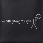 Close-up of the No Stargazing Tonight print showing ink detail on black cotton fabric
