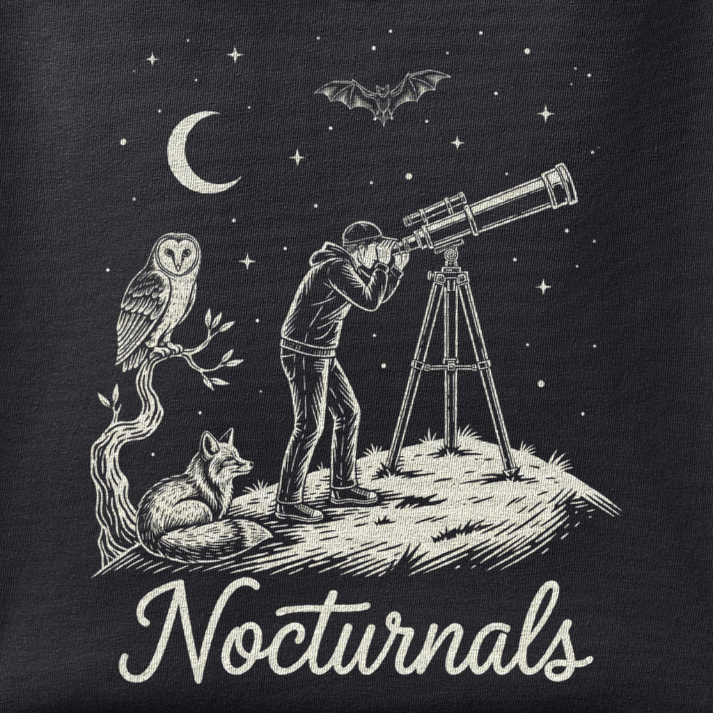 Close-up of the Nocturnals print showing ink detail on black cotton fabric