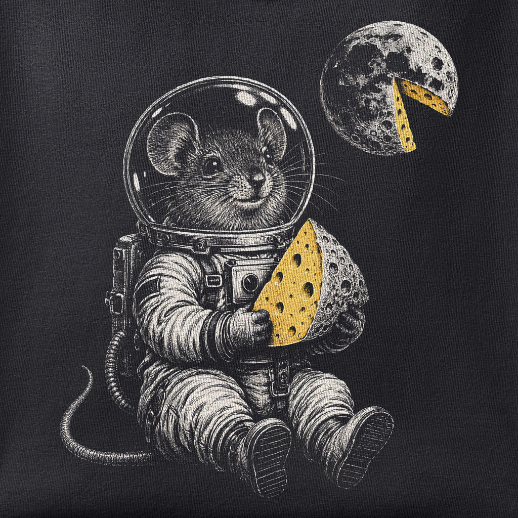 Close-up of the One Small Bite for Mousekind print showing ink detail on black cotton fabric